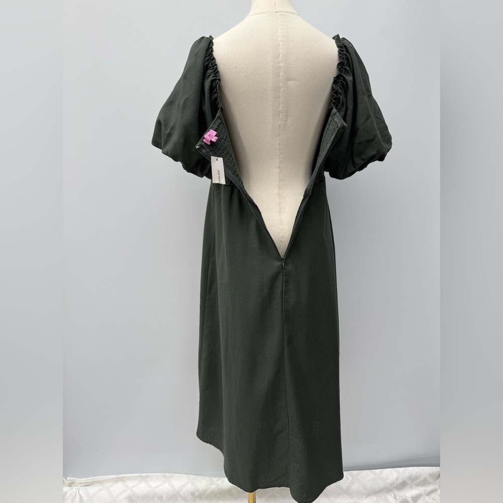 Mi Ami For Francesca’s Elegant Olive Green Puff Sleeve Midi Dress – Square Neck - Picture 13 of 15